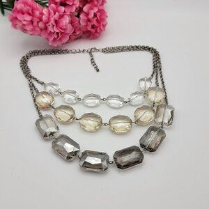 Multi Shade Clear Chunky Crystal Layered Necklace Silver Tone 19" Adjustable